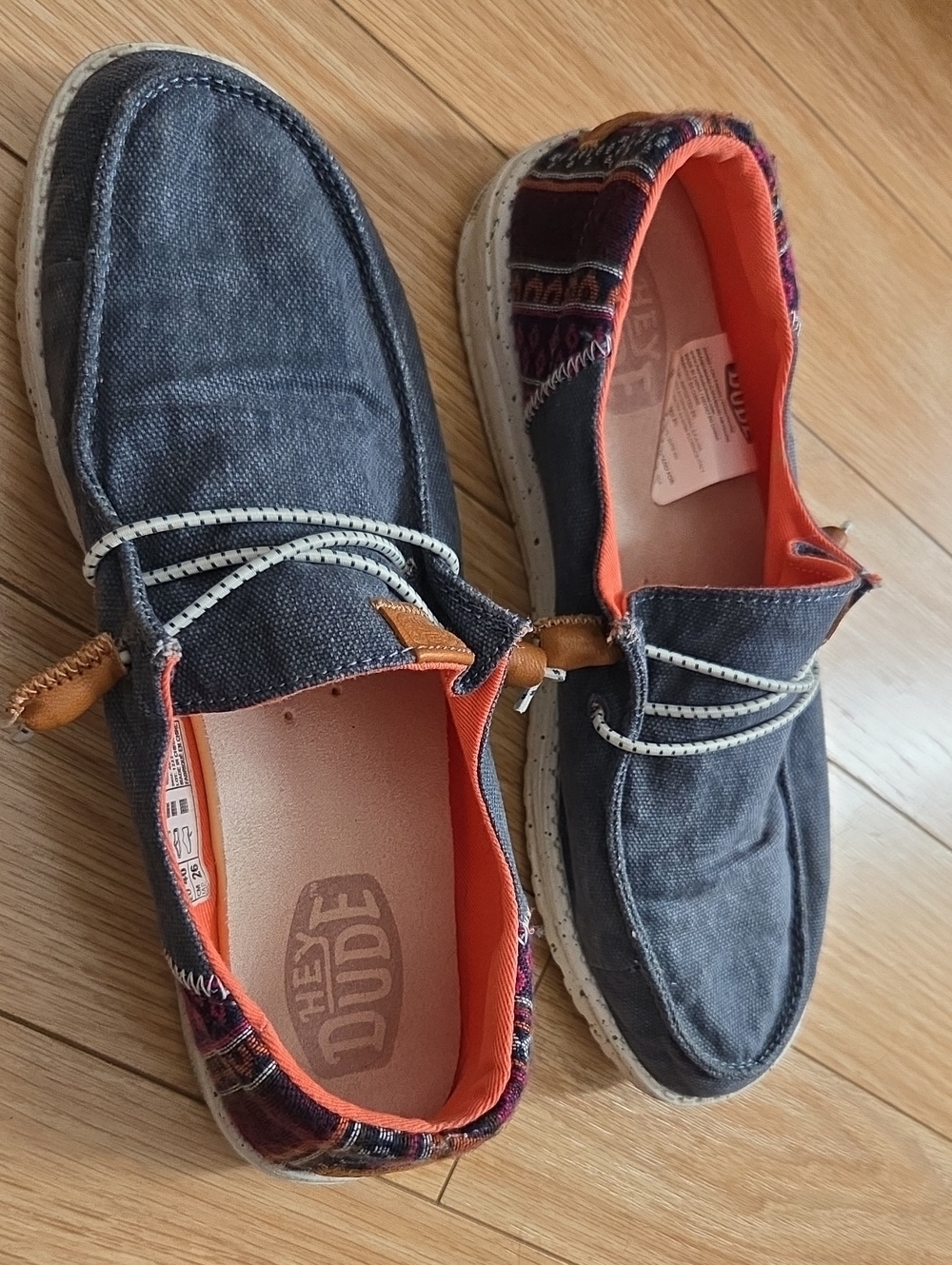 Hey Dude Womens Casual Canvas Slip-On Shoes in Navy with Orange Accents